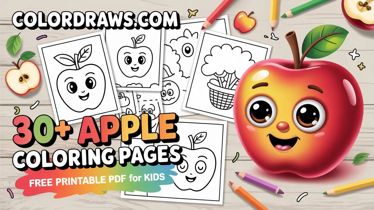 Apple coloring pages with a cute 3D apple character and printable coloring sheets arranged on a table.