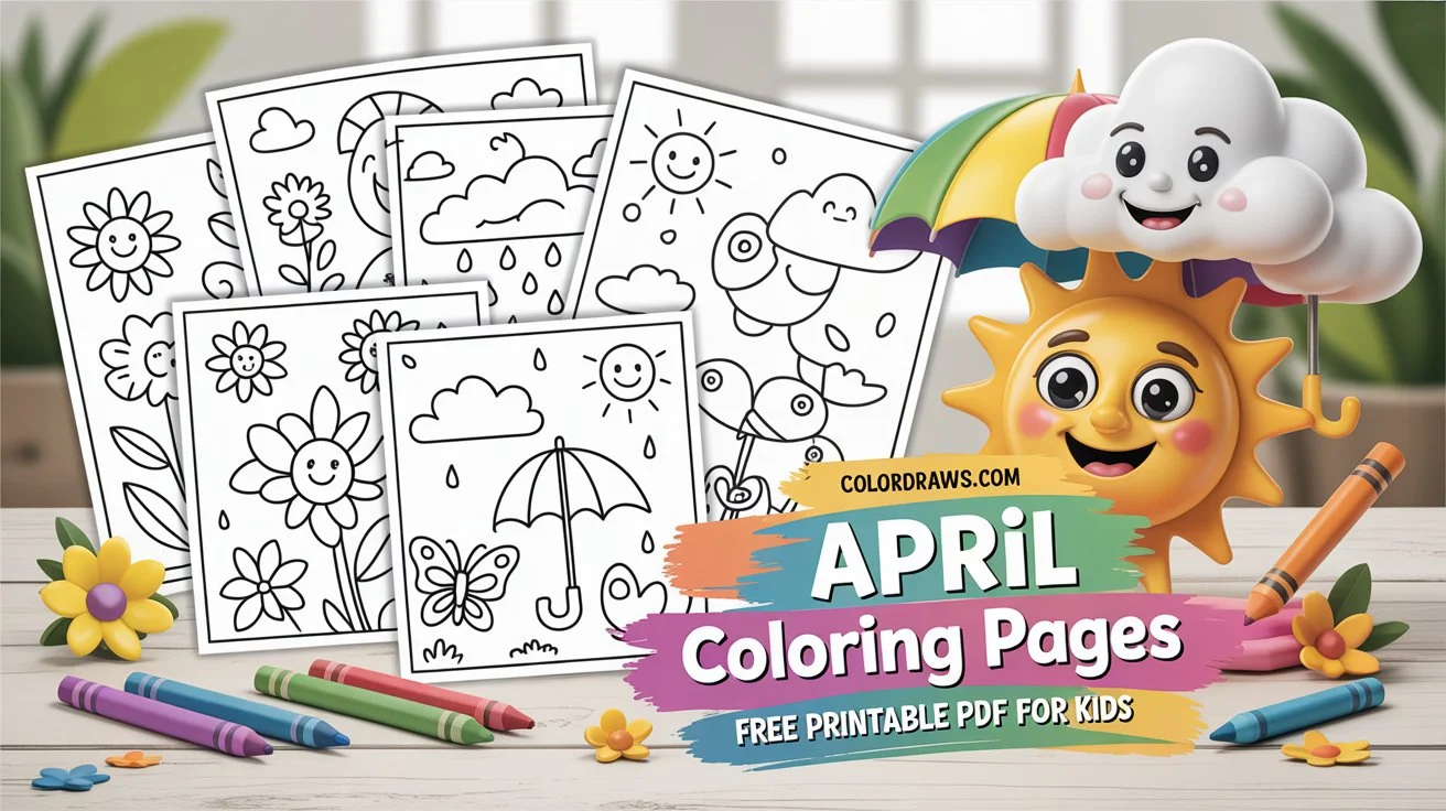 25+ April coloring pages with spring designs, printable sheets, and a cute 3D character on a table.