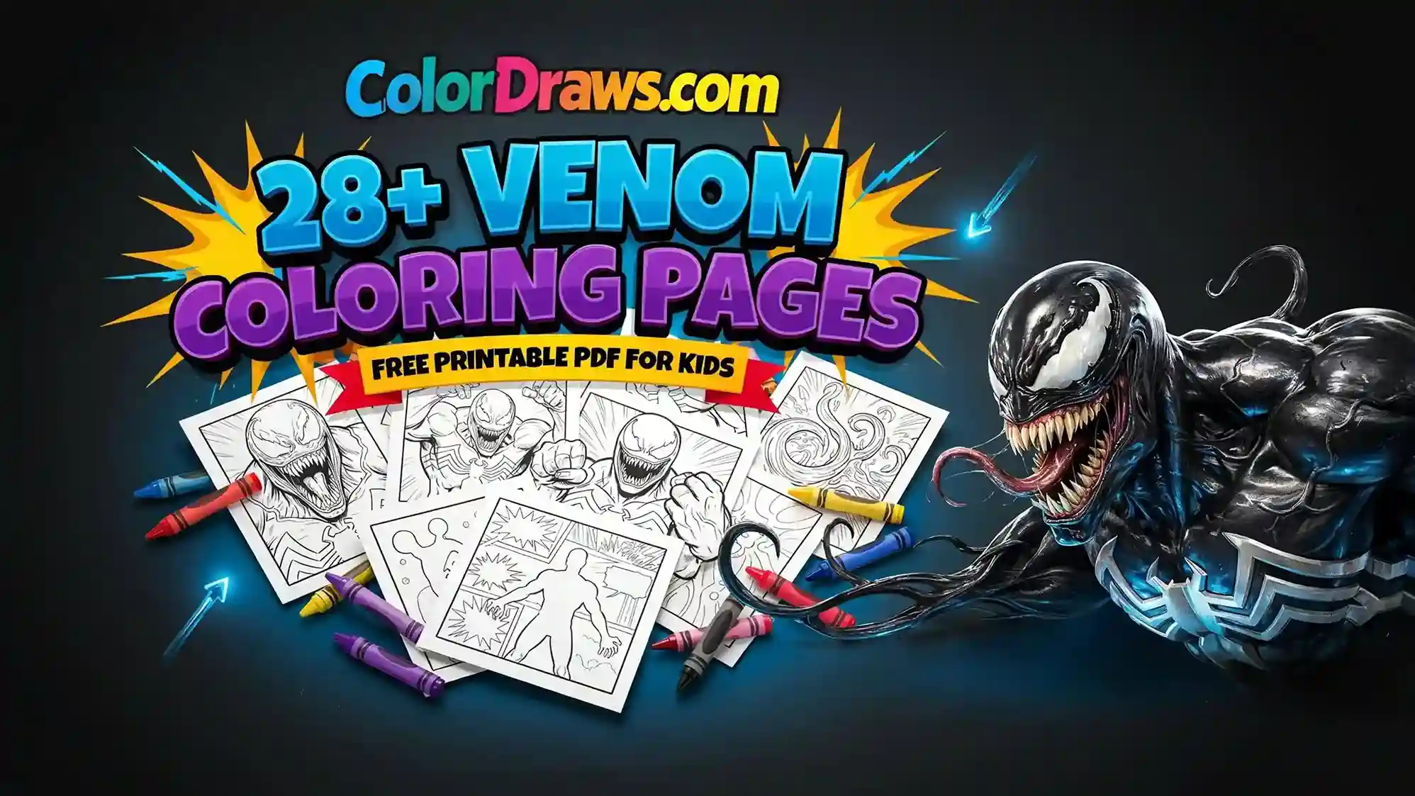 Venom coloring pages free printable PDF featuring comic inspired superhero coloring designs for kids and fans.